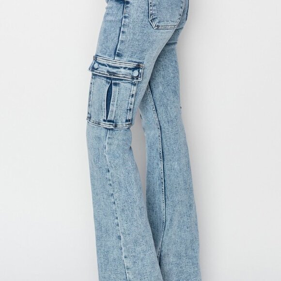 RISEN Full Size High Rise Cargo Flare Jeans – Trendy, Comfortable, and Versatile - Picture 1 of 15